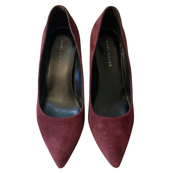 MARC FISHER Suede Pointed Toe Stacked Block Heel Pumps Eggplant Purple - Picture 2 of 8
